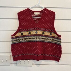 Women's Vintage Fair Isle Eddie‎ Bauer Wool Sweater Vest 1990's Red Sz L